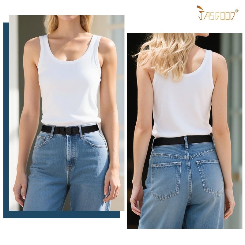 JASGOOD Women No Show Stretch Belt Flat Buckle Elastic Belt for Jeans Pants Dresses (Black) - Image 5